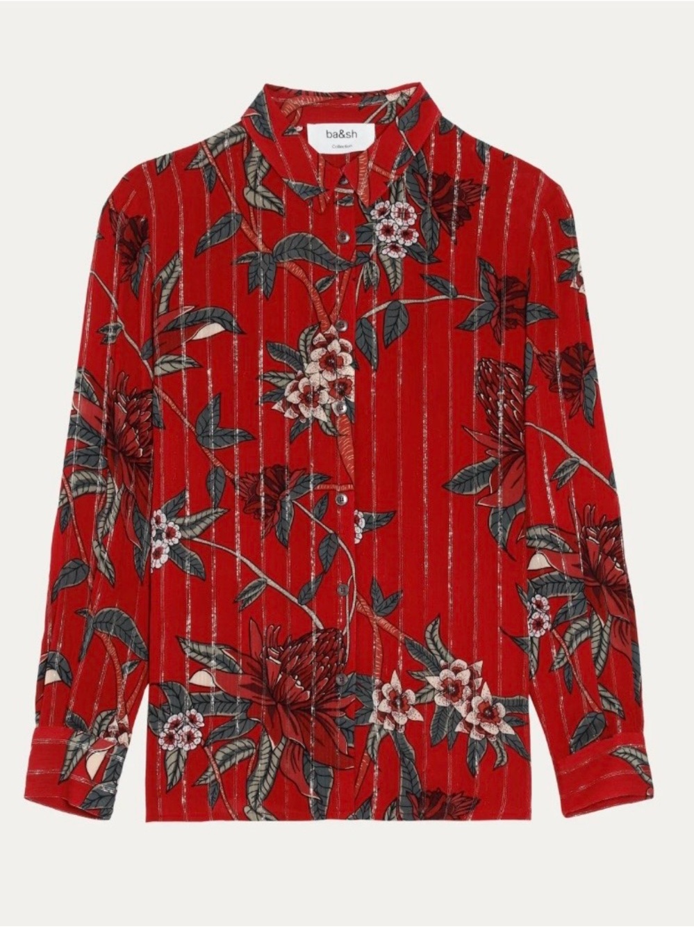 Ba&sh Petunia Red Floral Metallic Jaquard Blouse
